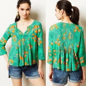 VANESSA VIRGINIA for Anthropologie | sz 4 Women's Green Floral Mahdia Blouse